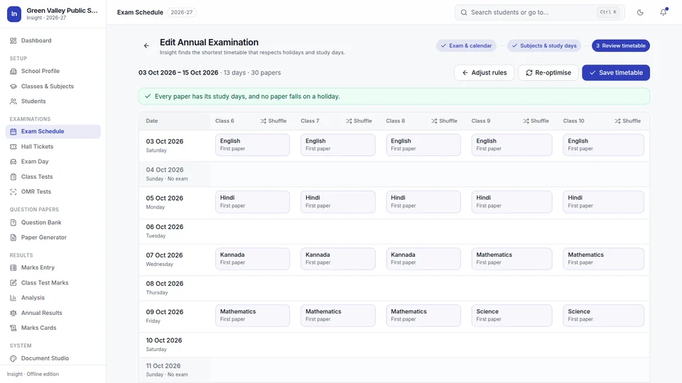 Exam schedule review showing five classes side by side with a Shuffle button above each