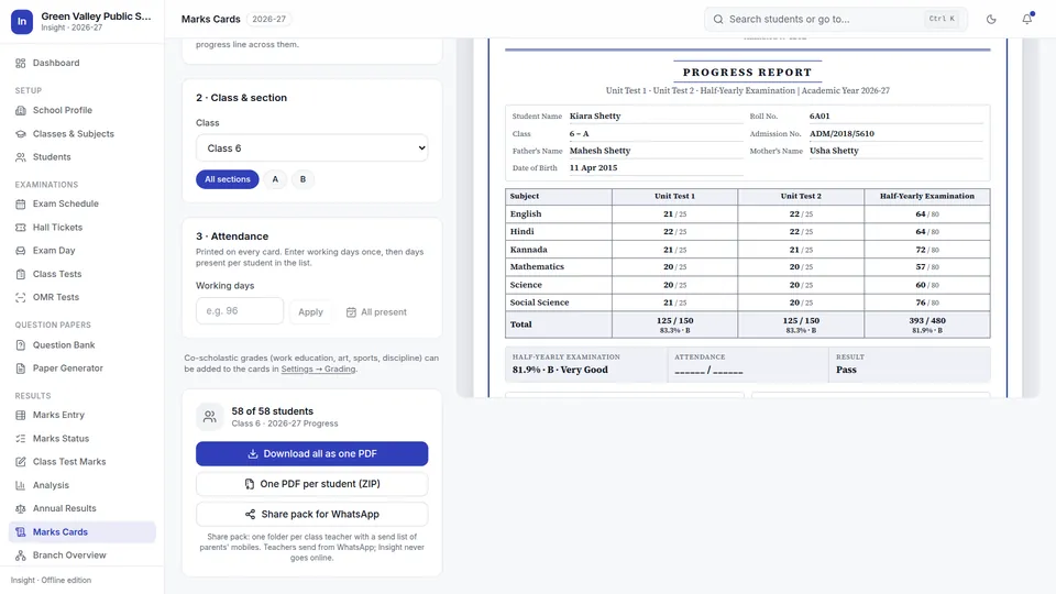 Marks cards page with a preview of a whole-year progress report